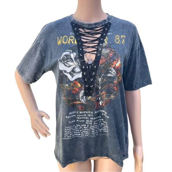 Forever 21 World Tour Screen Printed Lace Up T-Shirt - Picture 1 of 5